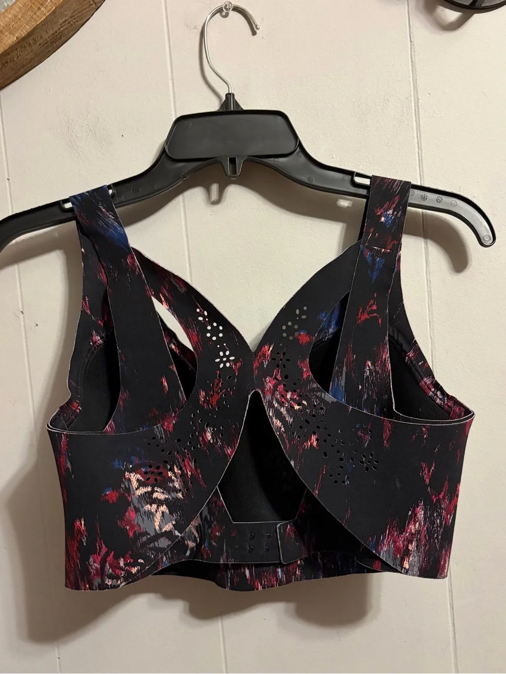 Victoria Sport Black Sports Bra with Red and Blue Abstract Print